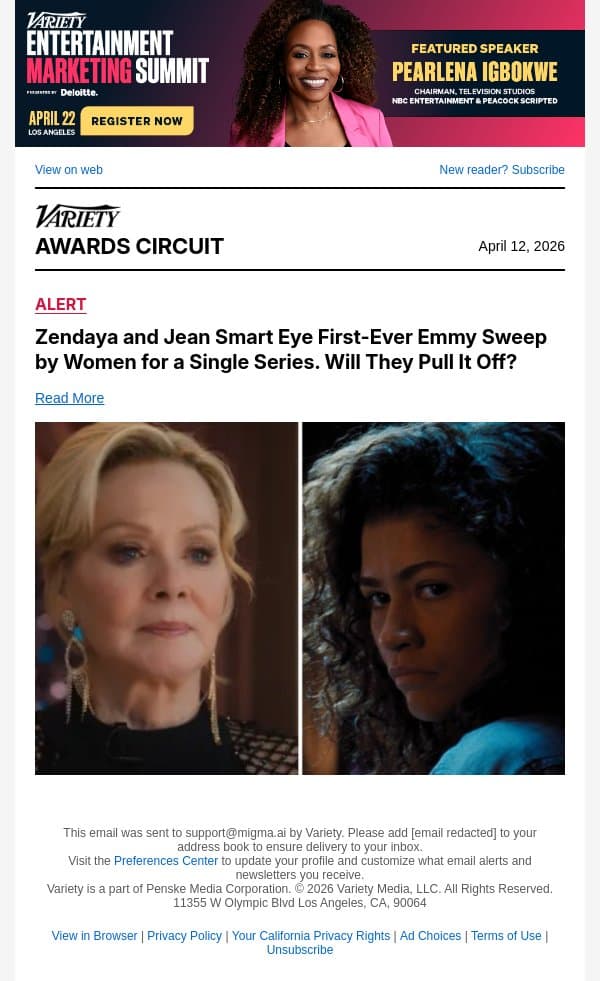Zendaya and Jean Smart Eye First-Ever Emmy Sweep by Women for a Single Series. Will They Pull It Off? email from Variety screenshot