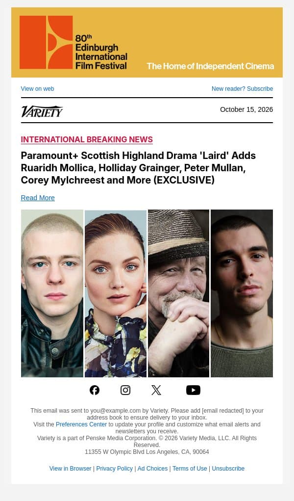 Paramount+ Scottish Highland Drama 'Laird' Adds Ruaridh Mollica, Holliday Grainger, Peter Mullan, Corey Mylchreest and More (EXCLUSIVE) email from Variety screenshot