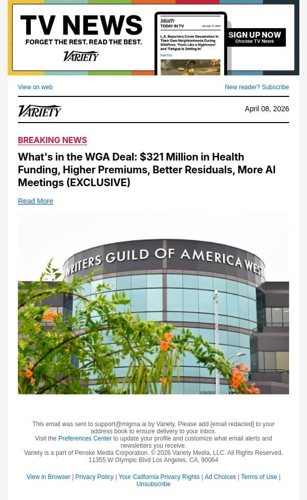 What's in the WGA Deal: $321 Million in Health Funding, Higher Premiums, Better Residuals, More AI Meetings (EXCLUSIVE) email from Variety screenshot