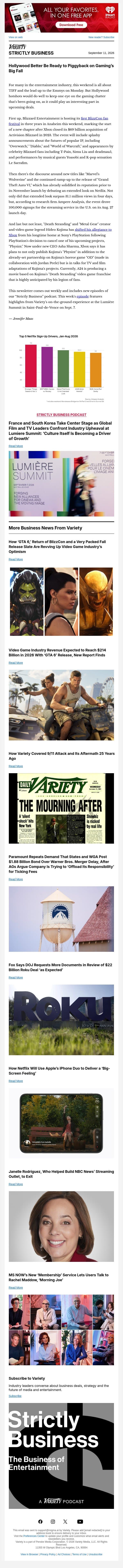 Strictly Business Newsletter & Podcast: Gaming Industry's Big Fall; Voices From Lumiere Summit; How Variety Covered 9/11; and More email from Variety screenshot