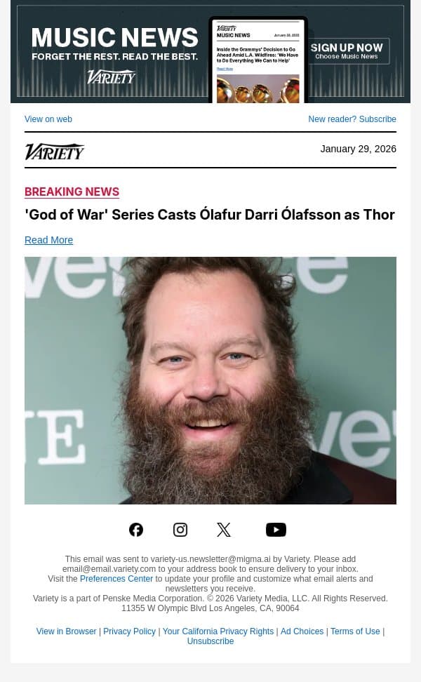 'God of War' Series Casts Ólafur Darri Ólafsson as Thor email from Variety screenshot