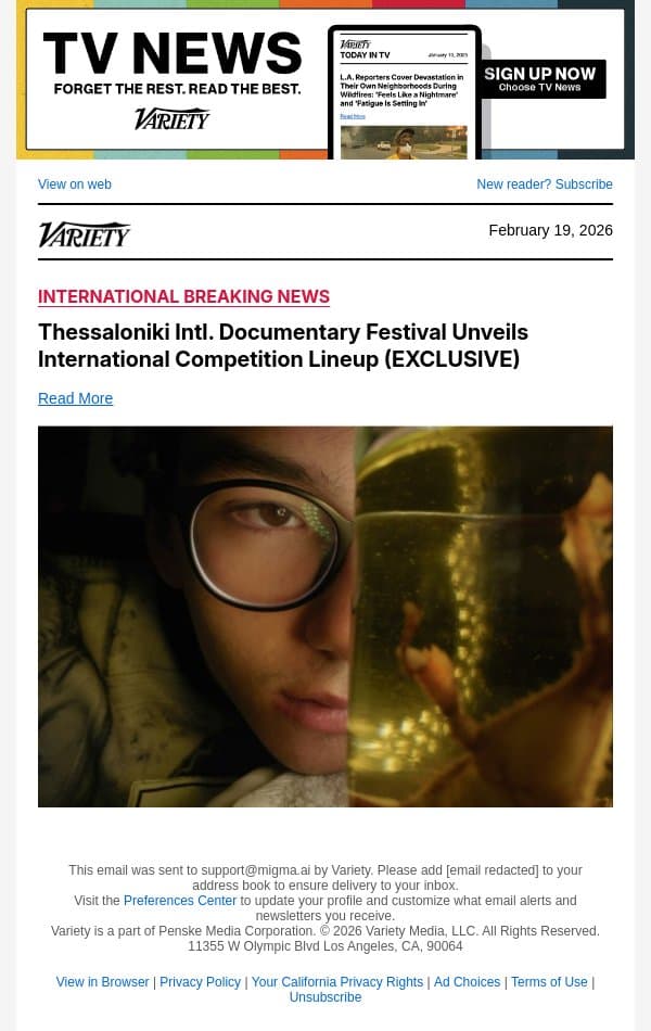 Thessaloniki Intl. Documentary Festival Unveils International Competition Lineup (EXCLUSIVE) email from Variety screenshot