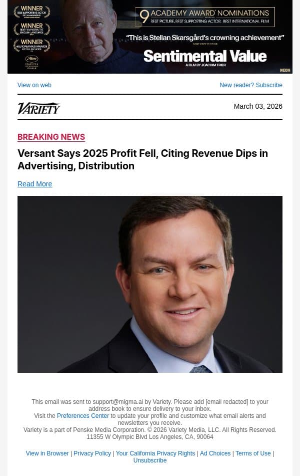 Versant Says 2025 Profit Fell, Citing Revenue Dips in Advertising, Distribution email from Variety screenshot