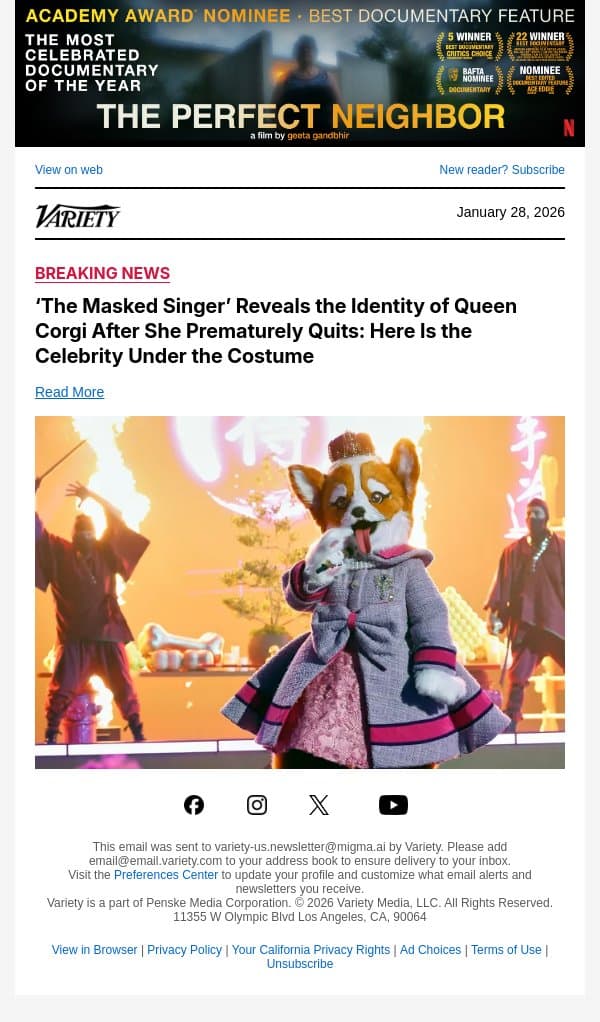 ‘The Masked Singer’ Reveals the Identity of Queen Corgi After She Prematurely Quits: Here Is the Celebrity Under the Costume email from Variety screenshot