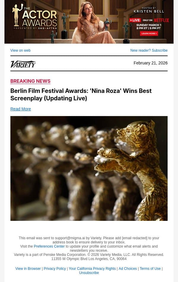 Berlin Film Festival Awards: 'Nina Roza' Wins Best Screenplay (Updating Live) email from Variety screenshot