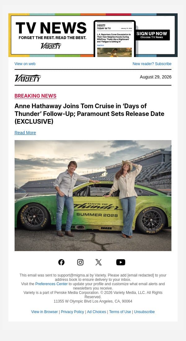 Anne Hathaway Joins Tom Cruise in ‘Days of Thunder’ Follow-Up; Paramount Sets Release Date (EXCLUSIVE) email from Variety screenshot