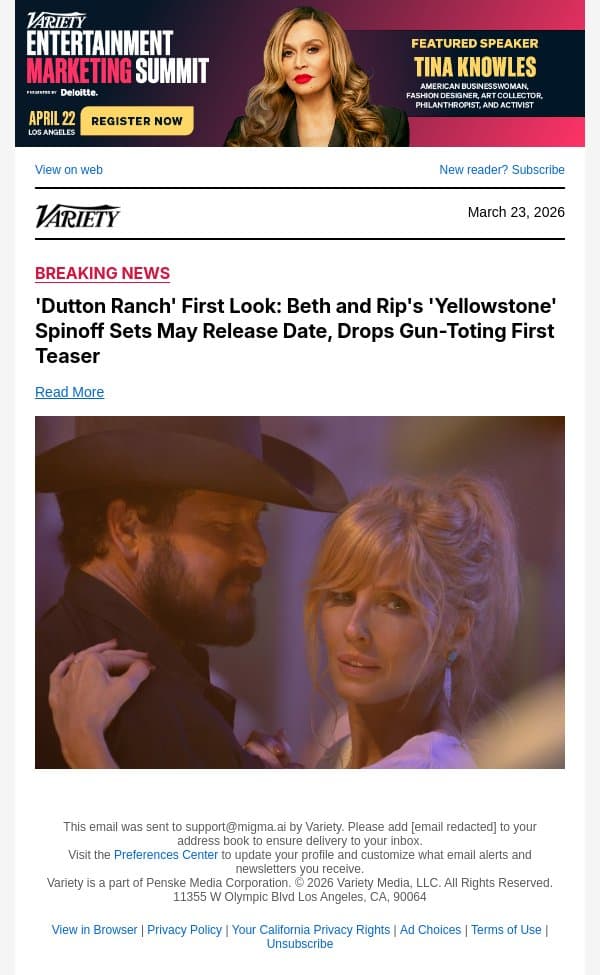 'Dutton Ranch' First Look: Beth and Rip's 'Yellowstone' Spinoff Sets May Release Date, Drops Gun-Toting First Teaser email from Variety screenshot