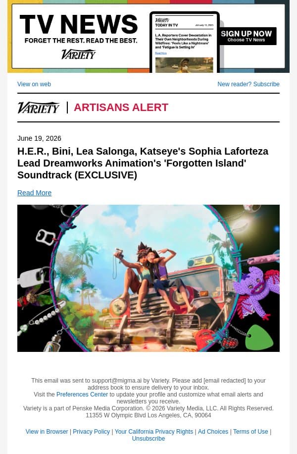 H.E.R., Bini, Lea Salonga, Katseye's Sophia Laforteza Lead Dreamworks Animation's 'Forgotten Island' Soundtrack (EXCLUSIVE) email from Variety screenshot