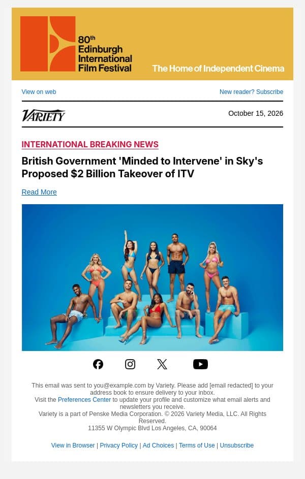 British Government 'Minded to Intervene' in Sky's Proposed $2 Billion Takeover of ITV email from Variety screenshot