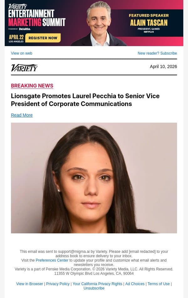 Lionsgate Promotes Laurel Pecchia to Senior Vice President of Corporate Communications email from Variety screenshot