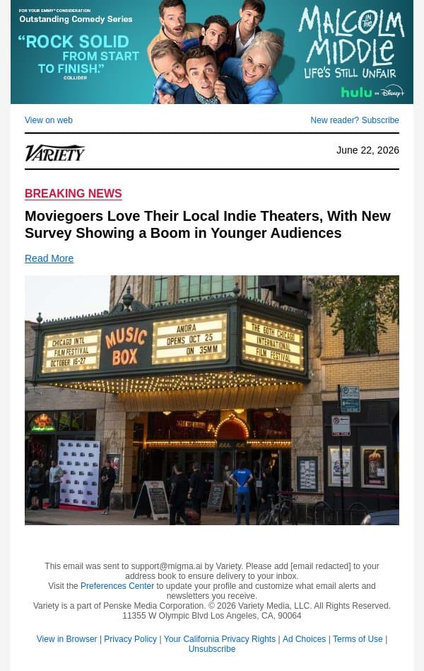 Moviegoers Love Their Local Indie Theaters, With New Survey Showing a Boom in Younger Audiences email from Variety screenshot