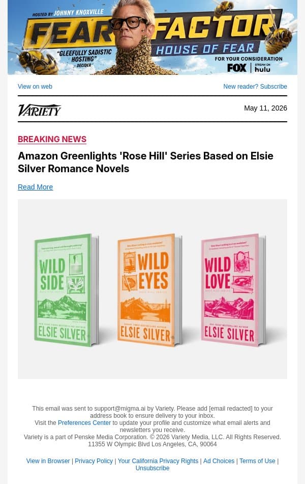 Amazon Greenlights 'Rose Hill' Series Based on Elsie Silver Romance Novels email from Variety screenshot