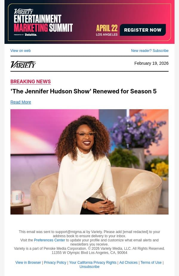 'The Jennifer Hudson Show' Renewed for Season 5 email from Variety screenshot