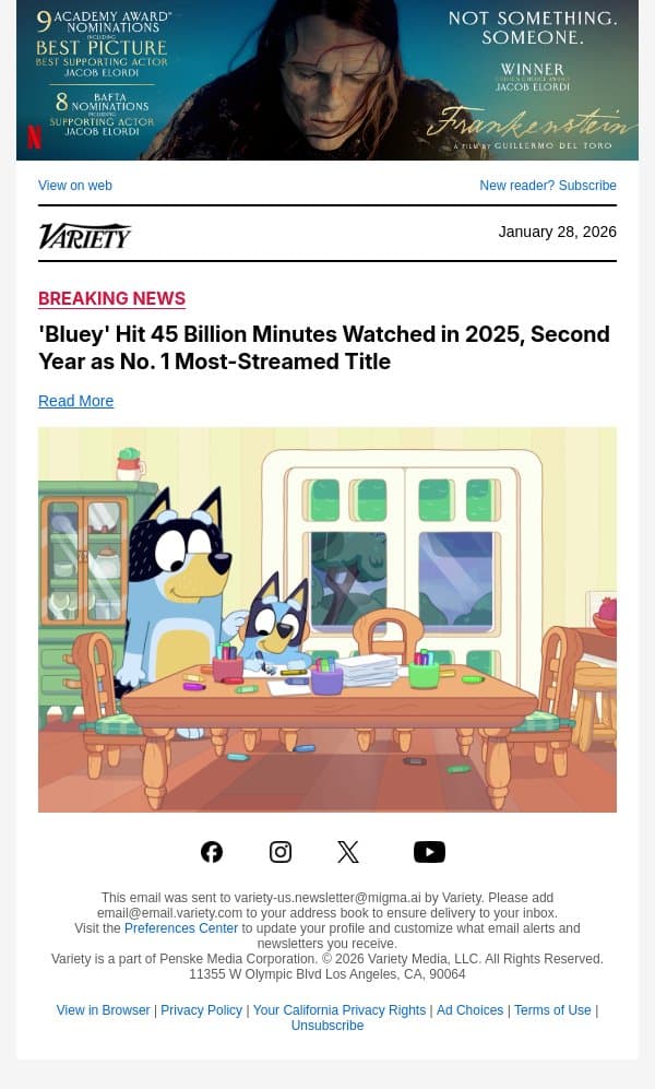 'Bluey' Hit 45 Billion Minutes Watched in 2025, Second Year as No. 1 Most-Streamed Title email from Variety screenshot