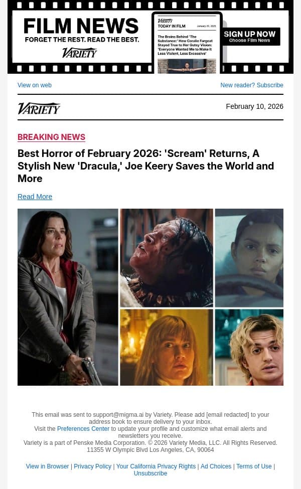 Best Horror of February 2026: 'Scream' Returns, A Stylish New 'Dracula,' Joe Keery Saves the World and More email from Variety screenshot