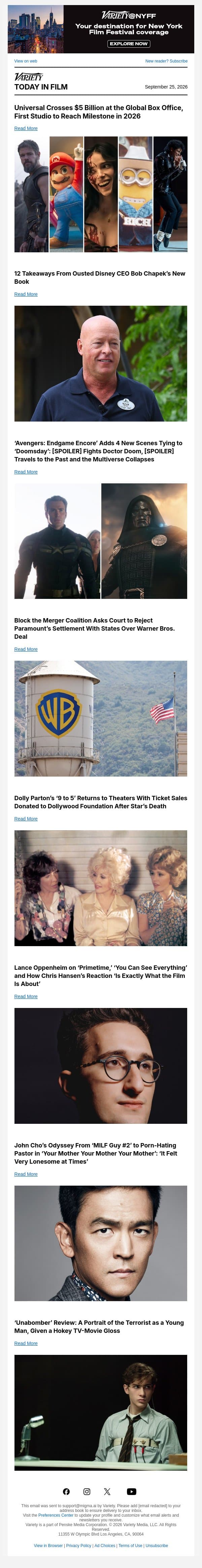 Universal Is First to Cross $5 Billion at 2026 Box Office; Bob Chapek Book Takeaways; 'Avengers: Endgame Encore' Adds New Scenes email from Variety screenshot