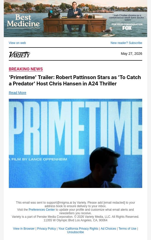 'Primetime' Trailer: Robert Pattinson Stars as 'To Catch a Predator' Host Chris Hansen in A24 Thriller email from Variety screenshot