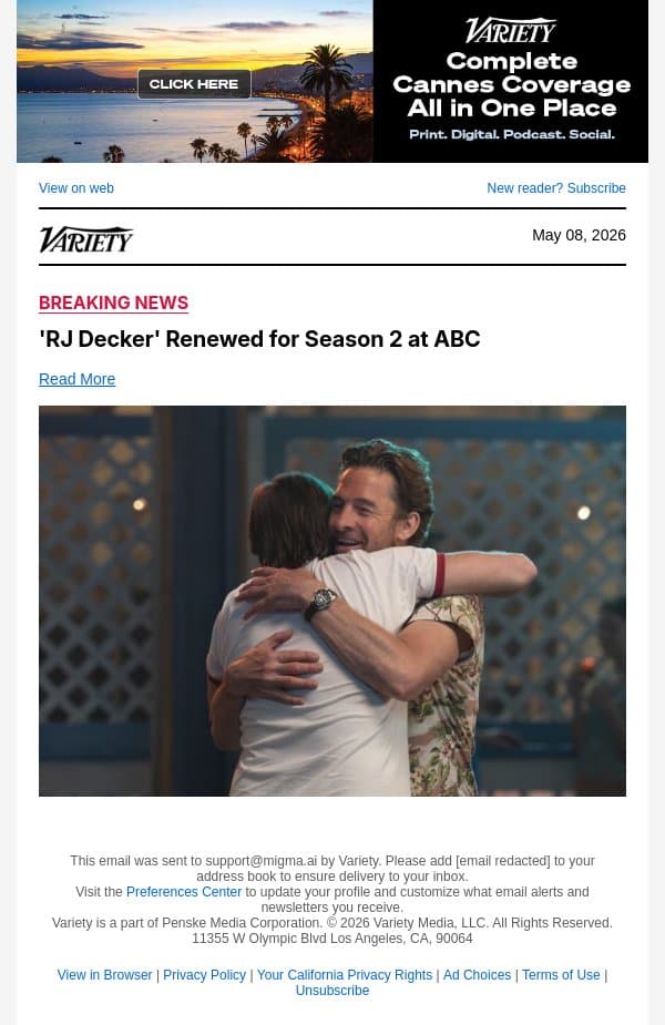 'RJ Decker' Renewed for Season 2 at ABC email from Variety screenshot