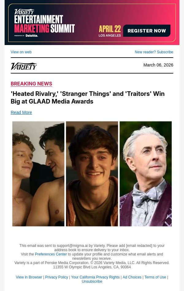 'Heated Rivalry,' 'Stranger Things' and 'Traitors' Win Big at GLAAD Media Awards email from Variety screenshot