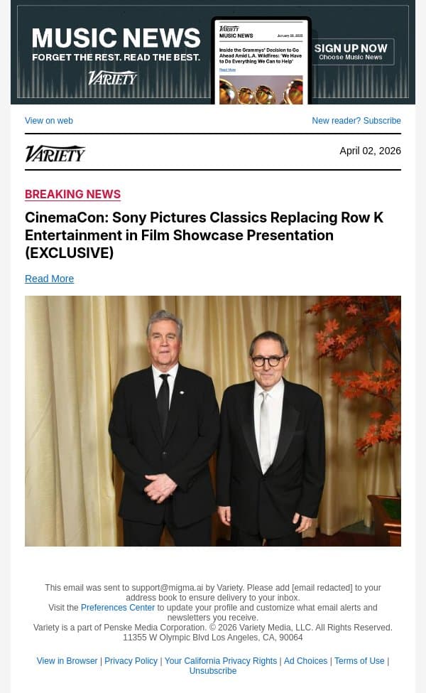 CinemaCon: Sony Pictures Classics Replacing Row K Entertainment in Film Showcase Presentation (EXCLUSIVE) email from Variety screenshot
