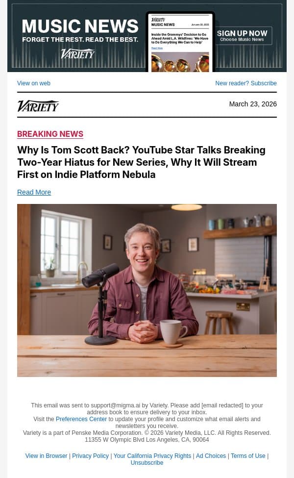 Why Is Tom Scott Back? YouTube Star Talks Breaking Two-Year Hiatus for New Series, Why It Will Stream First on Indie Platform Nebula email from Variety screenshot