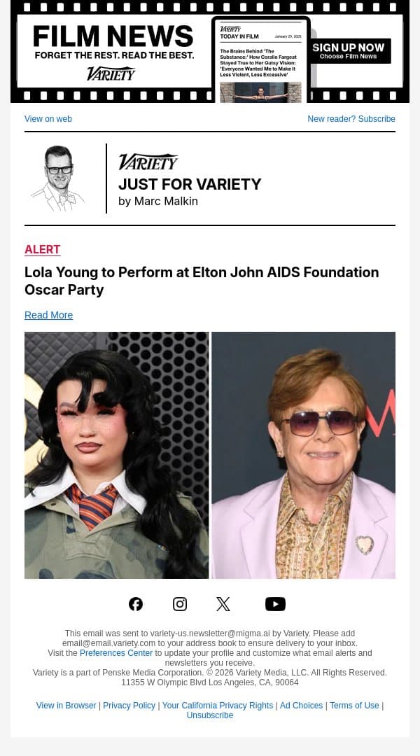 Lola Young to Perform at Elton John AIDS Foundation Oscar Party email from Variety screenshot