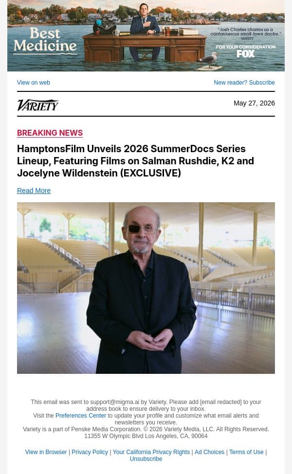 HamptonsFilm Unveils 2026 SummerDocs Series Lineup, Featuring Films on Salman Rushdie, K2 and Jocelyne Wildenstein (EXCLUSIVE) email from Variety screenshot