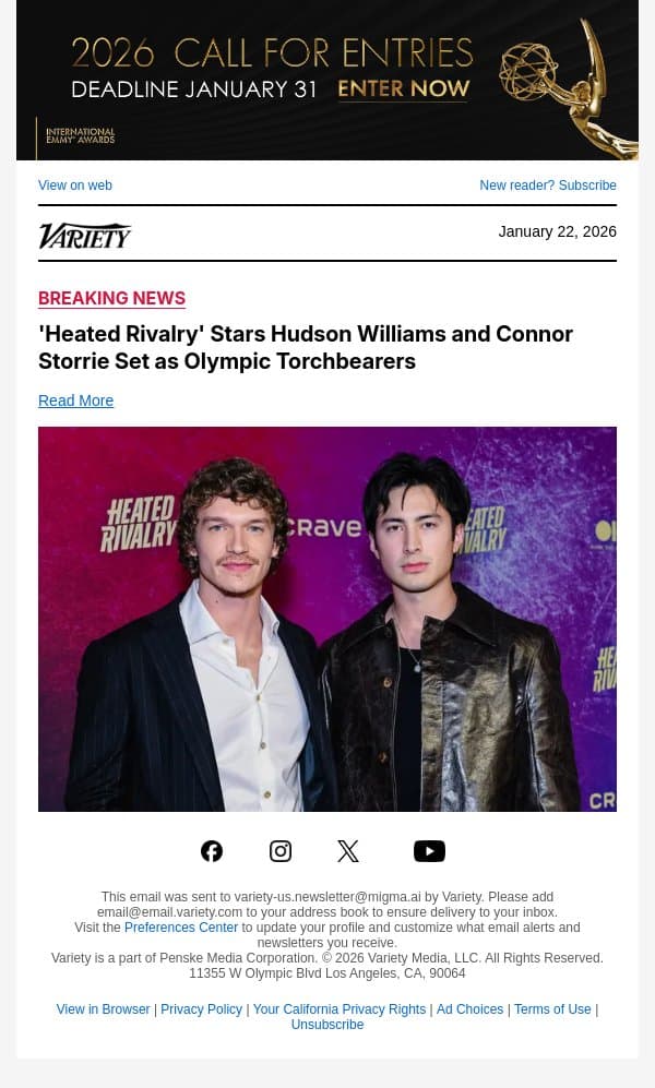 'Heated Rivalry' Stars Hudson Williams and Connor Storrie Set as Olympic Torchbearers email from Variety screenshot