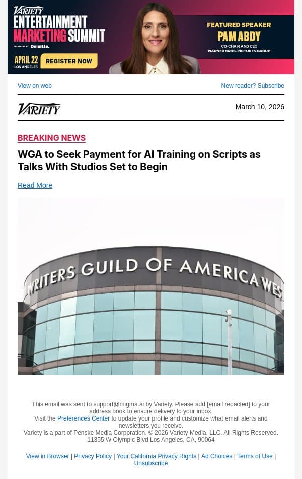 WGA to Seek Payment for AI Training on Scripts as Talks With Studios Set to Begin email from Variety screenshot