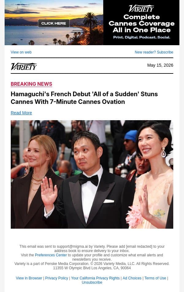 Hamaguchi's French Debut 'All of a Sudden' Stuns Cannes With 7-Minute Cannes Ovation email from Variety screenshot