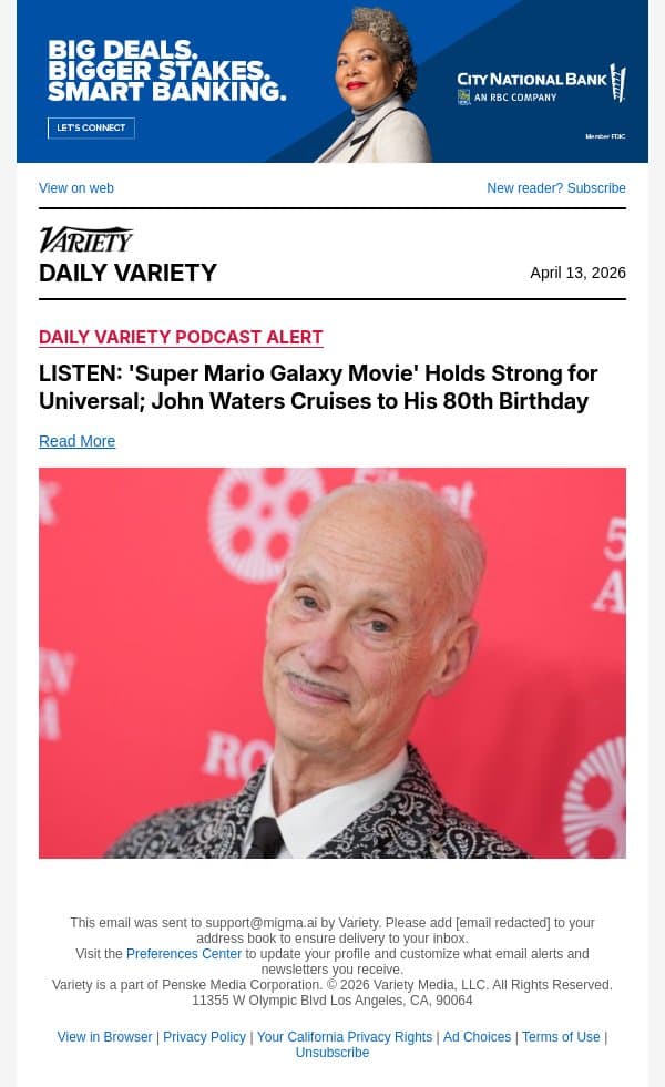 LISTEN: 'Super Mario Galaxy Movie' Holds Strong for Universal; John Waters Cruises to His 80th Birthday email from Variety screenshot