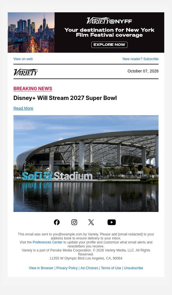 Disney+ Will Stream 2027 Super Bowl email from Variety screenshot