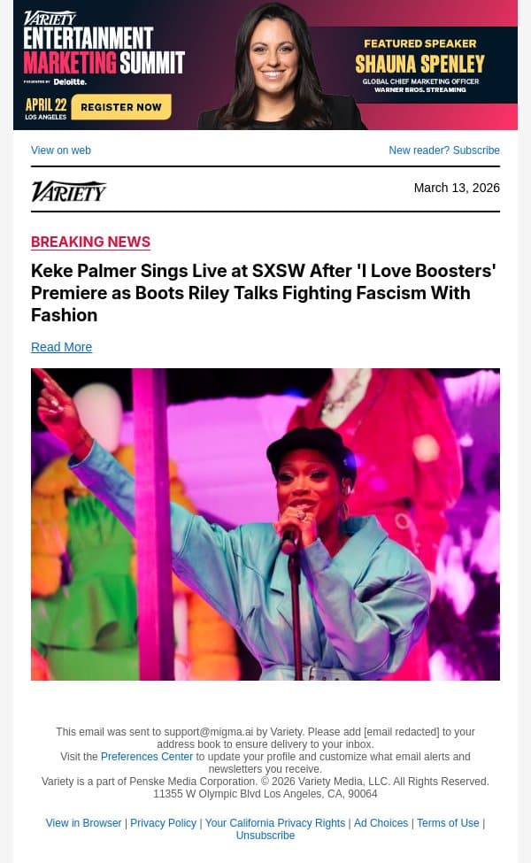Keke Palmer Sings Live at SXSW After 'I Love Boosters' Premiere as Boots Riley Talks Fighting Fascism With Fashion email from Variety screenshot