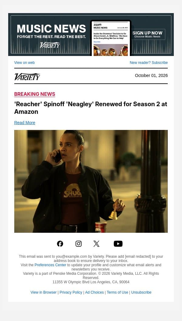 'Reacher' Spinoff 'Neagley' Renewed for Season 2 at Amazon email from Variety screenshot