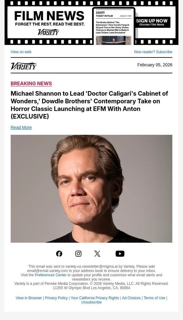 Michael Shannon to Lead 'Doctor Caligari's Cabinet of Wonders,' Dowdle Brothers' Contemporary Take on Horror Classic Launching at EFM With Anton (EXCLUSIVE) email from Variety screenshot