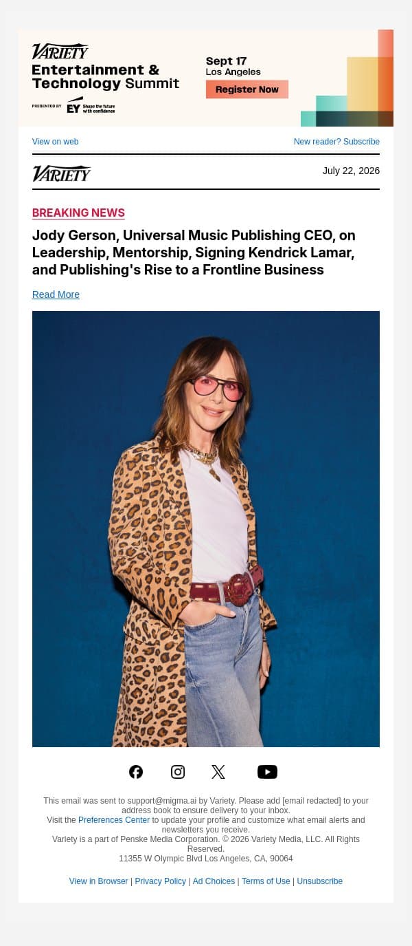 Jody Gerson, Universal Music Publishing CEO, on Leadership, Mentorship, Signing Kendrick Lamar, and Publishing's Rise to a Frontline Business email from Variety screenshot