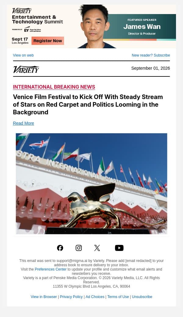 Venice Film Festival to Kick Off With Steady Stream of Stars on Red Carpet and Politics Looming in the Background email from Variety screenshot