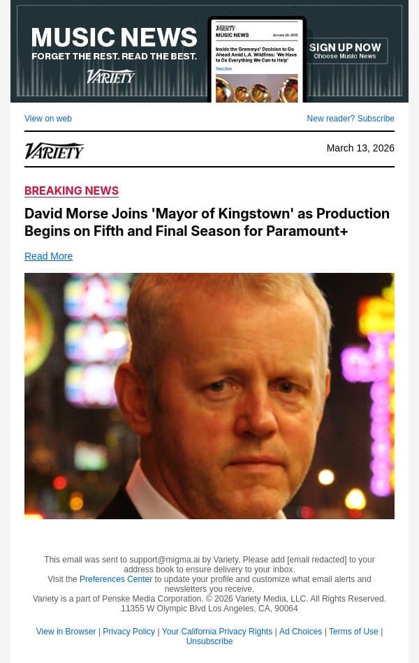 David Morse Joins 'Mayor of Kingstown' as Production Begins on Fifth and Final Season for Paramount+ email from Variety screenshot
