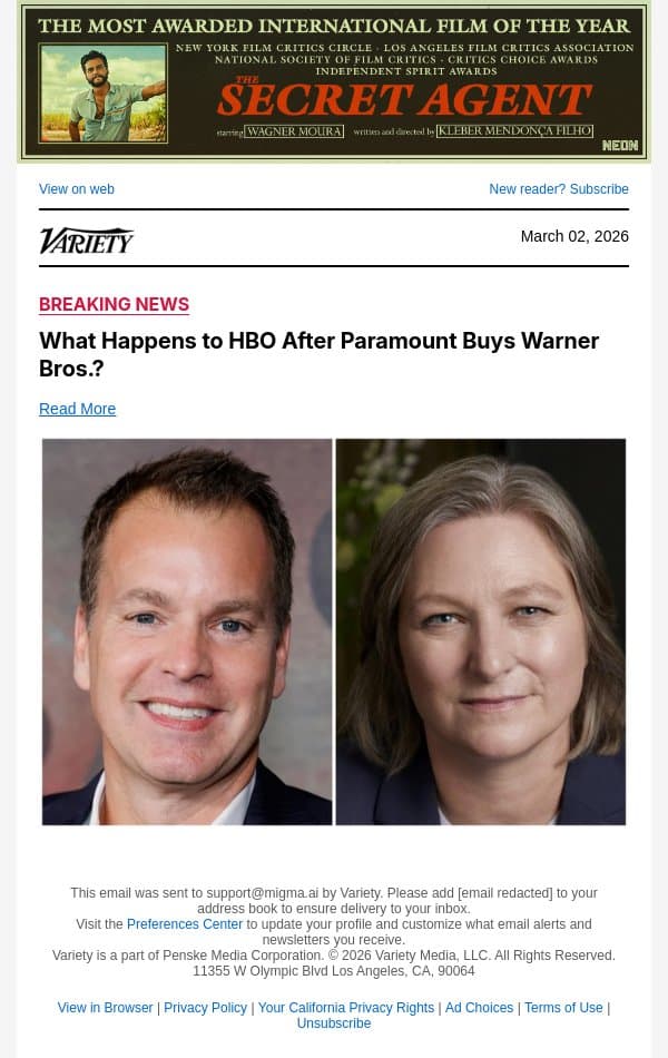 What Happens to HBO After Paramount Buys Warner Bros.? email from Variety screenshot