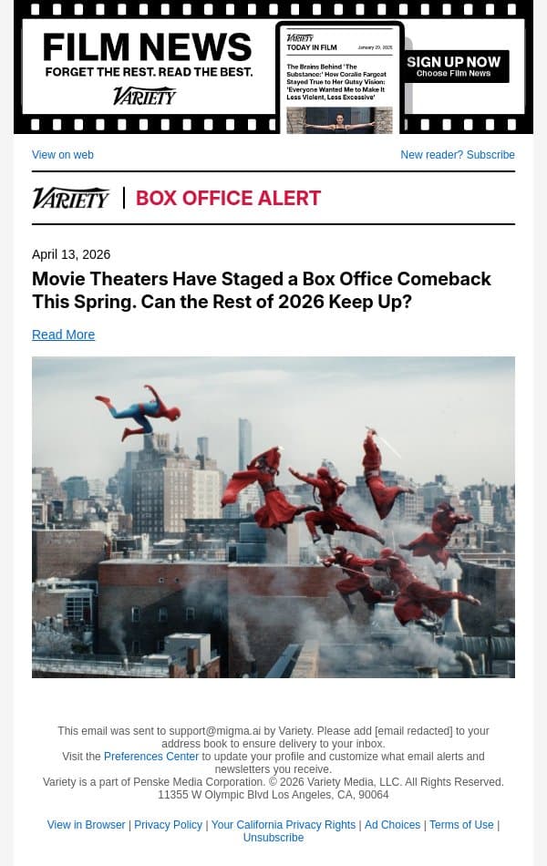 Movie Theaters Have Staged a Box Office Comeback This Spring. Can the Rest of 2026 Keep Up? email from Variety screenshot