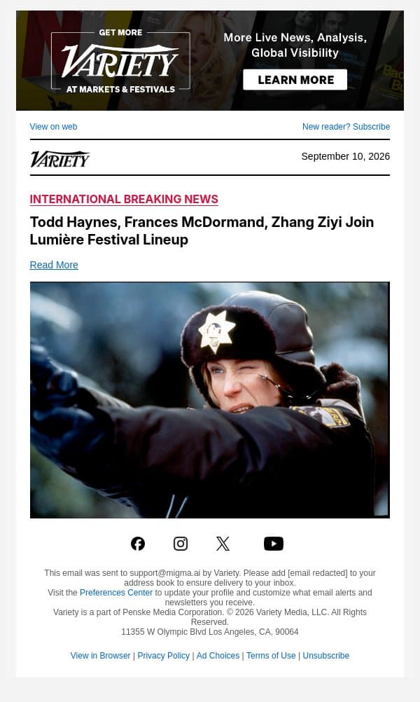 Todd Haynes, Frances McDormand, Zhang Ziyi Join Lumière Festival Lineup email from Variety screenshot