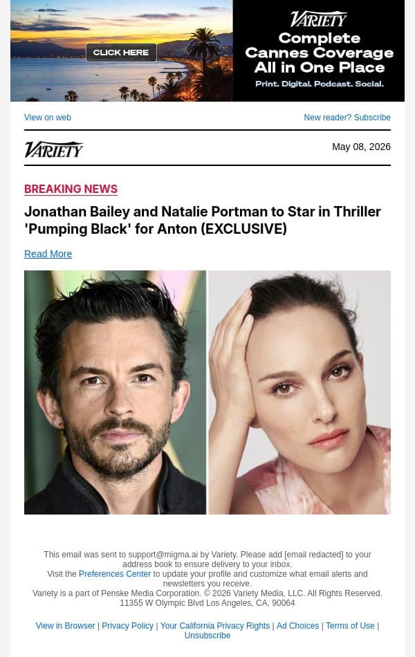 Jonathan Bailey and Natalie Portman to Star in Thriller 'Pumping Black' for Anton (EXCLUSIVE) email from Variety screenshot