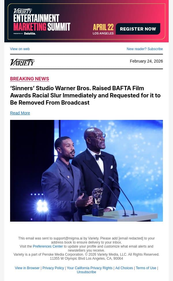 ‘Sinners’ Studio Warner Bros. Raised BAFTA Film Awards Racial Slur Immediately and Requested for it to Be Removed From Broadcast email from Variety screenshot