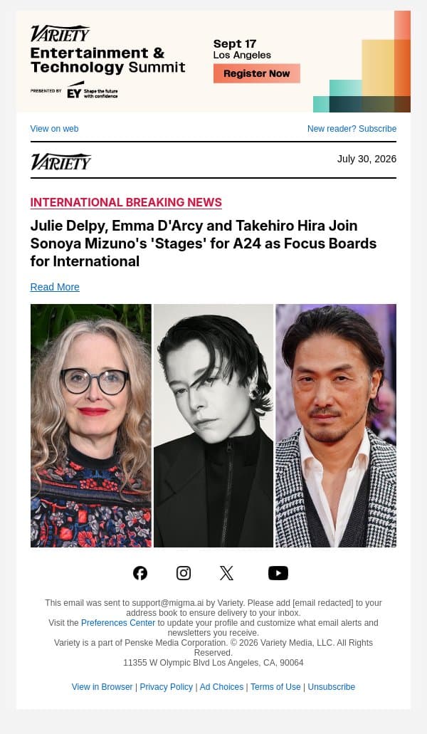 Julie Delpy, Emma D'Arcy and Takehiro Hira Join Sonoya Mizuno's 'Stages' for A24 as Focus Boards for International email from Variety screenshot