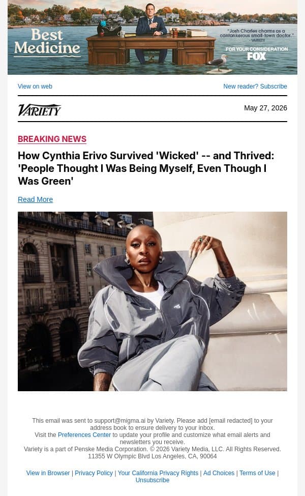 How Cynthia Erivo Survived 'Wicked' -- and Thrived: 'People Thought I Was Being Myself, Even Though I Was Green' email from Variety screenshot