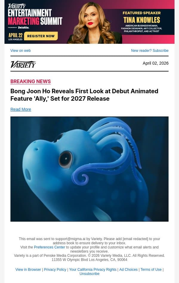 Bong Joon Ho Reveals First Look at Debut Animated Feature 'Ally,' Set for 2027 Release email from Variety screenshot