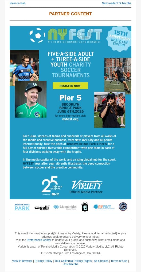 Register your company now: NY Film and Entertainment Soccer Tournament Returns June 6th as part of the Tribeca Festival email from Variety screenshot