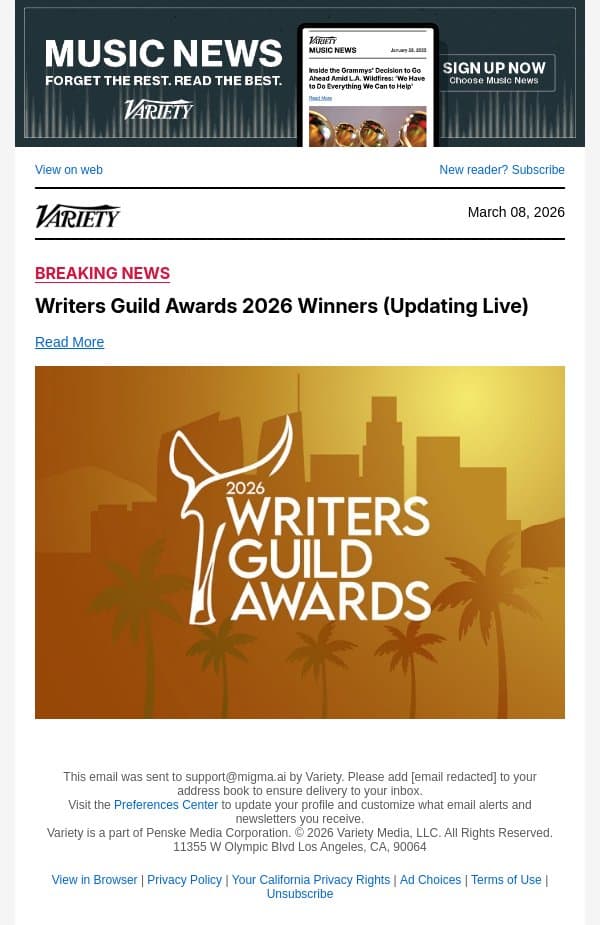 'Sinners' Wins Best Original Screenplay at the Writers Guild Awards email from Variety screenshot