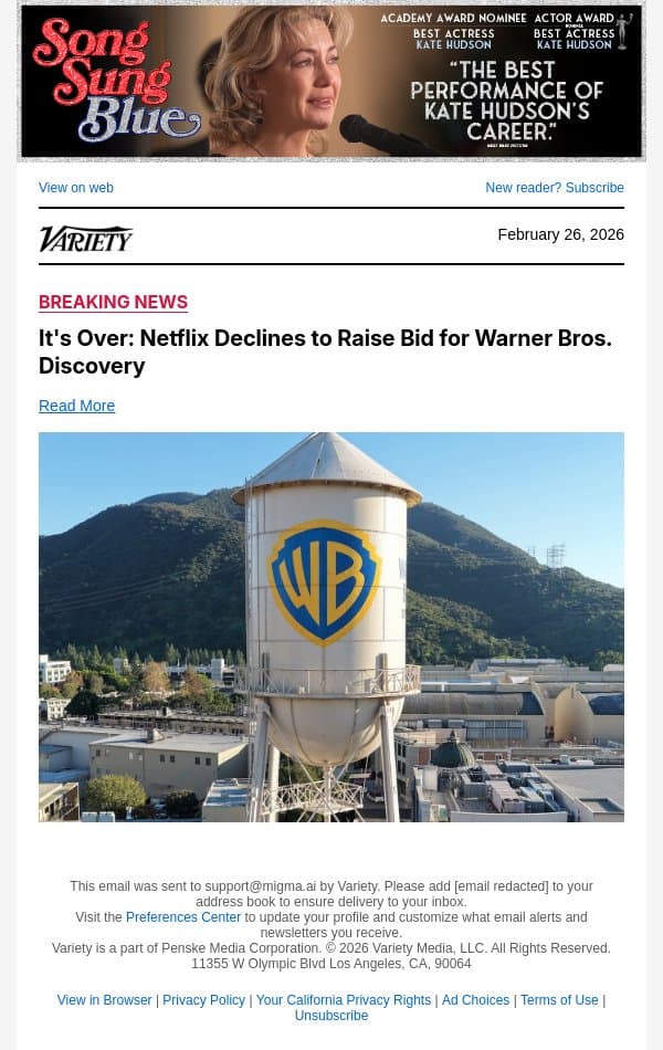It's Over: Netflix Declines to Raise Bid for Warner Bros. Discovery email from Variety screenshot