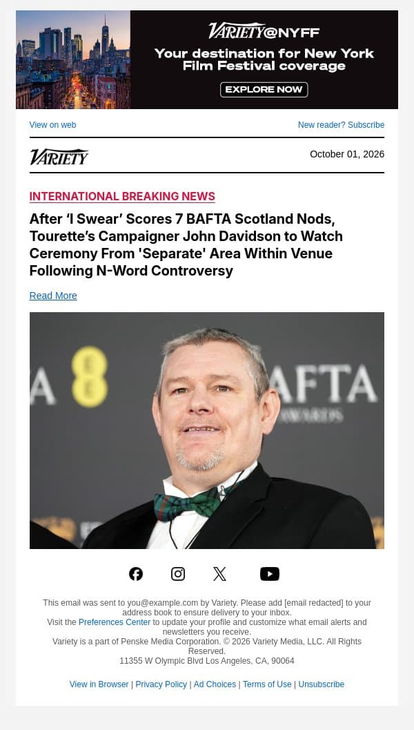 After ‘I Swear’ Scores 7 BAFTA Scotland Nods, Tourette’s Campaigner John Davidson to Watch Ceremony From 'Separate' Area Within Venue Following N-Word Controversy email from Variety screenshot